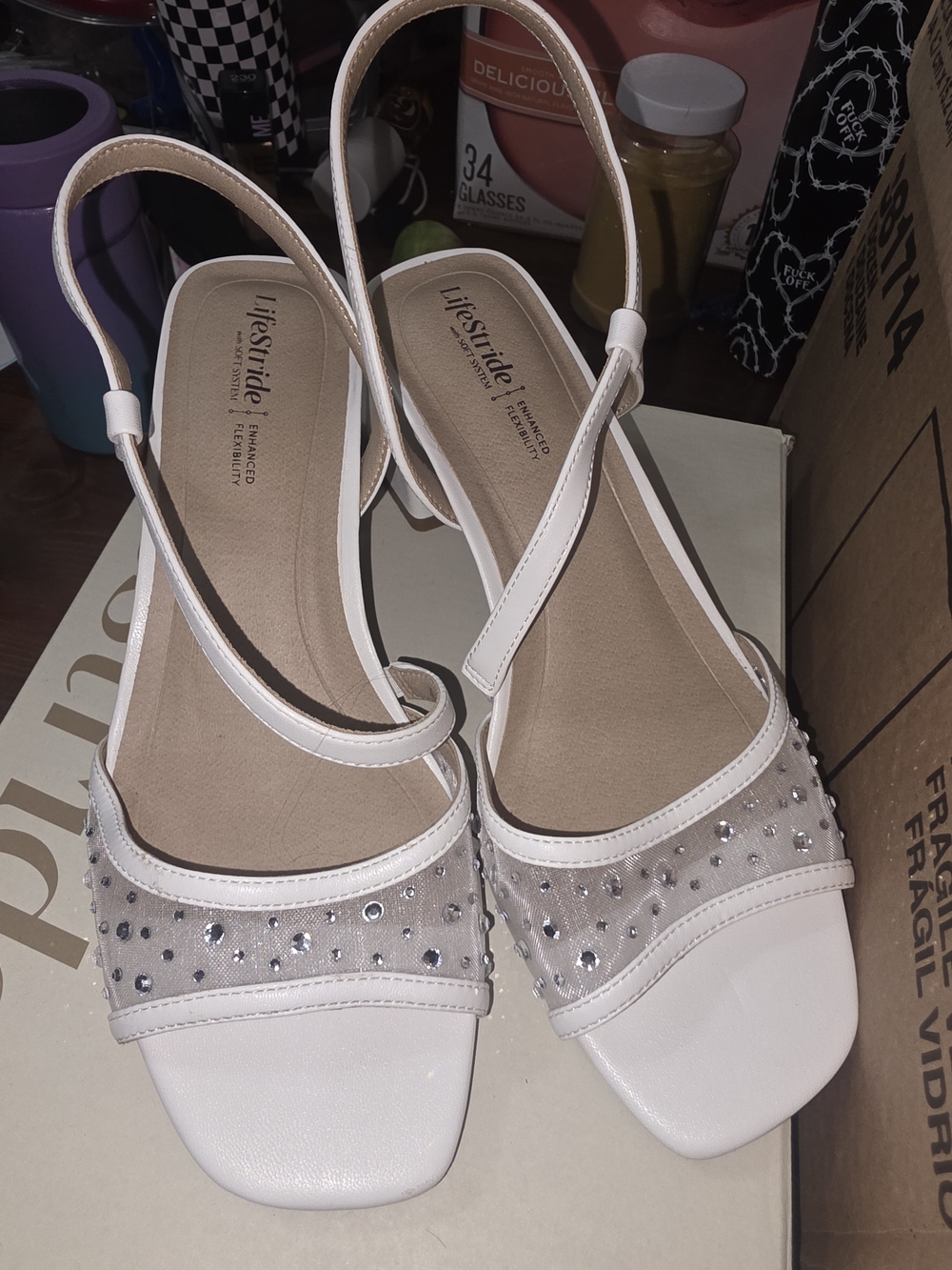 Life Stride White Rhinestone Slingback Sandals